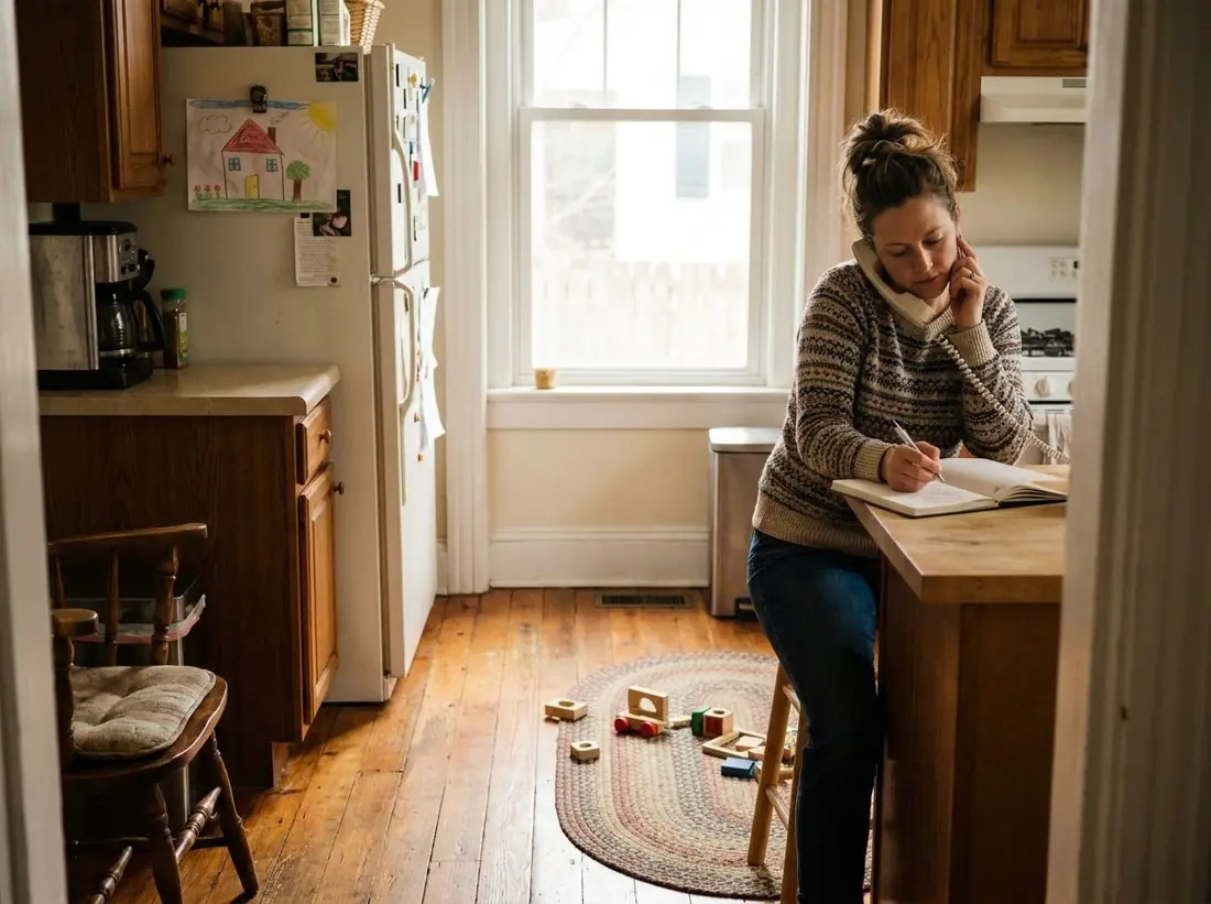 Illustration: a Richmond mother on the phone at her kitchen counter, taking notes